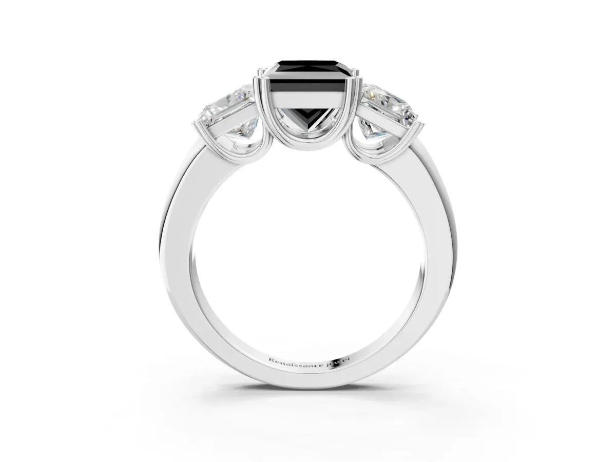 Fancy Black Three-Stone Princess Cut Cut Diamond Ring with Channel Set Band and Four-Prong Setting Silver
