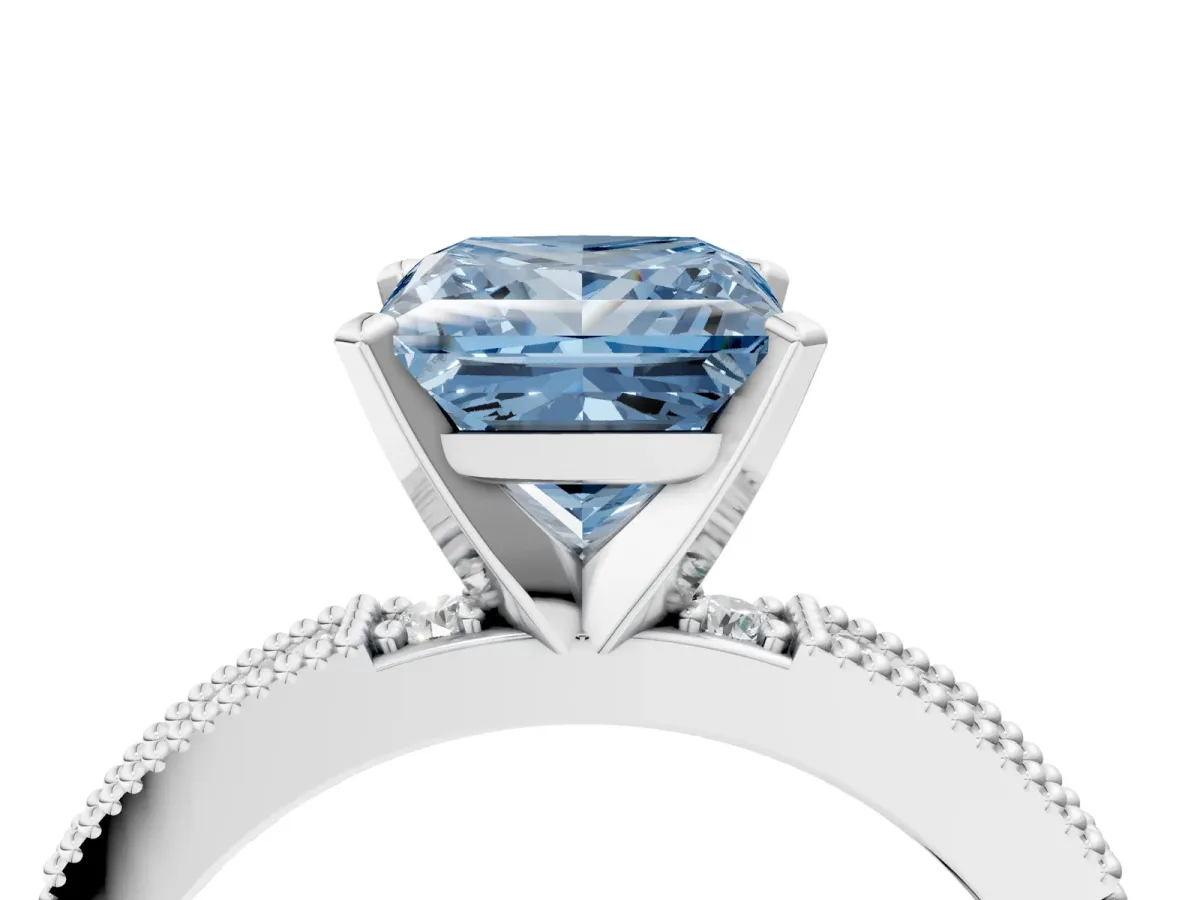 Fancy Blue Princess Cut Solitaire with Pavé Band and Four-Prong Setting Silver