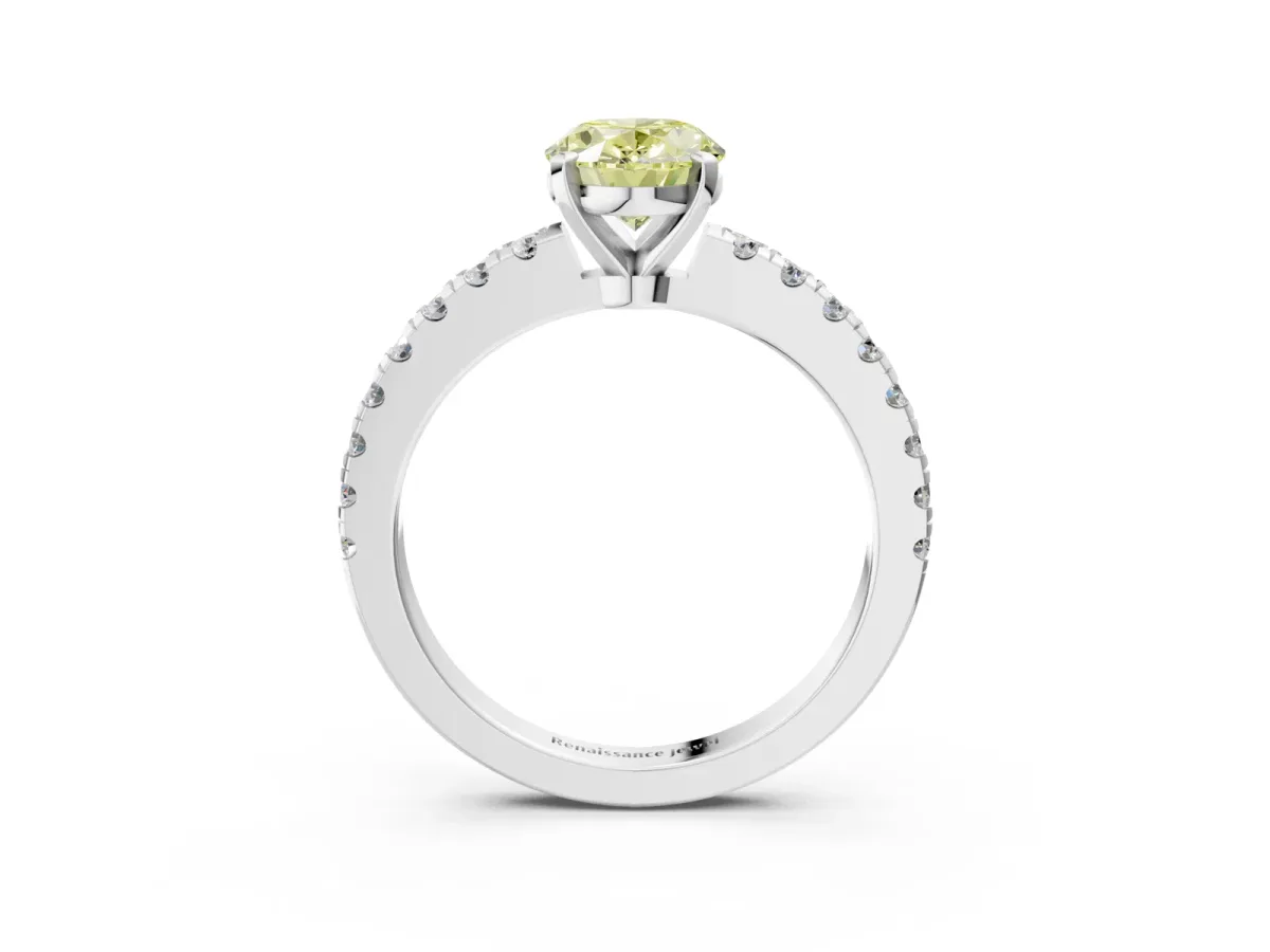 Fancy Yellow Oval Cut Solitaire Diamond with Pavé Band and Four-Prong Setting Silver