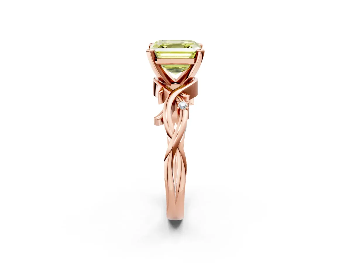 Fancy Yellow Asscher Cut Diamond Solitaire Ring with Twisted Band and Prong Setting Rose gold