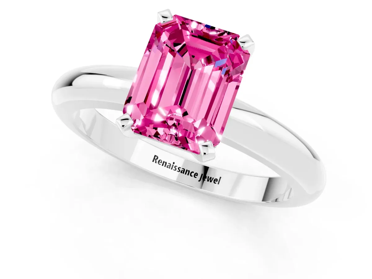 Emerald Cut Pink Sapphire Solitaire Engagement Ring with Round Band and Four-Prong Setting Silver