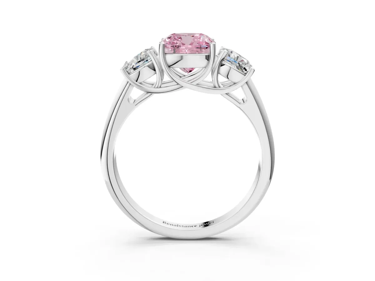 Fancy Pink Three-Stone Cushion Cut Diamond Engagement Ring with Prong Setting White gold
