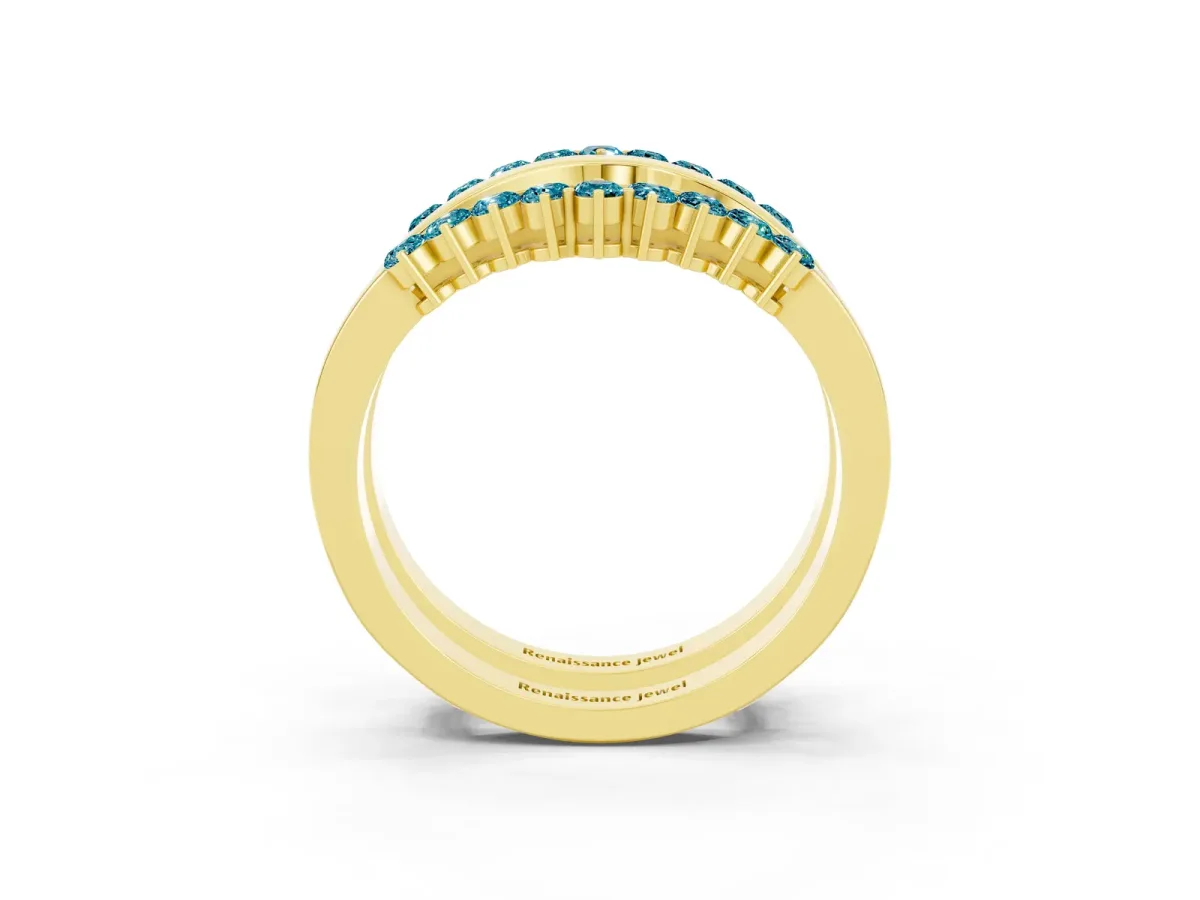Round Blue Topaz Chevron Contour Band with Prong Setting Yellow gold
