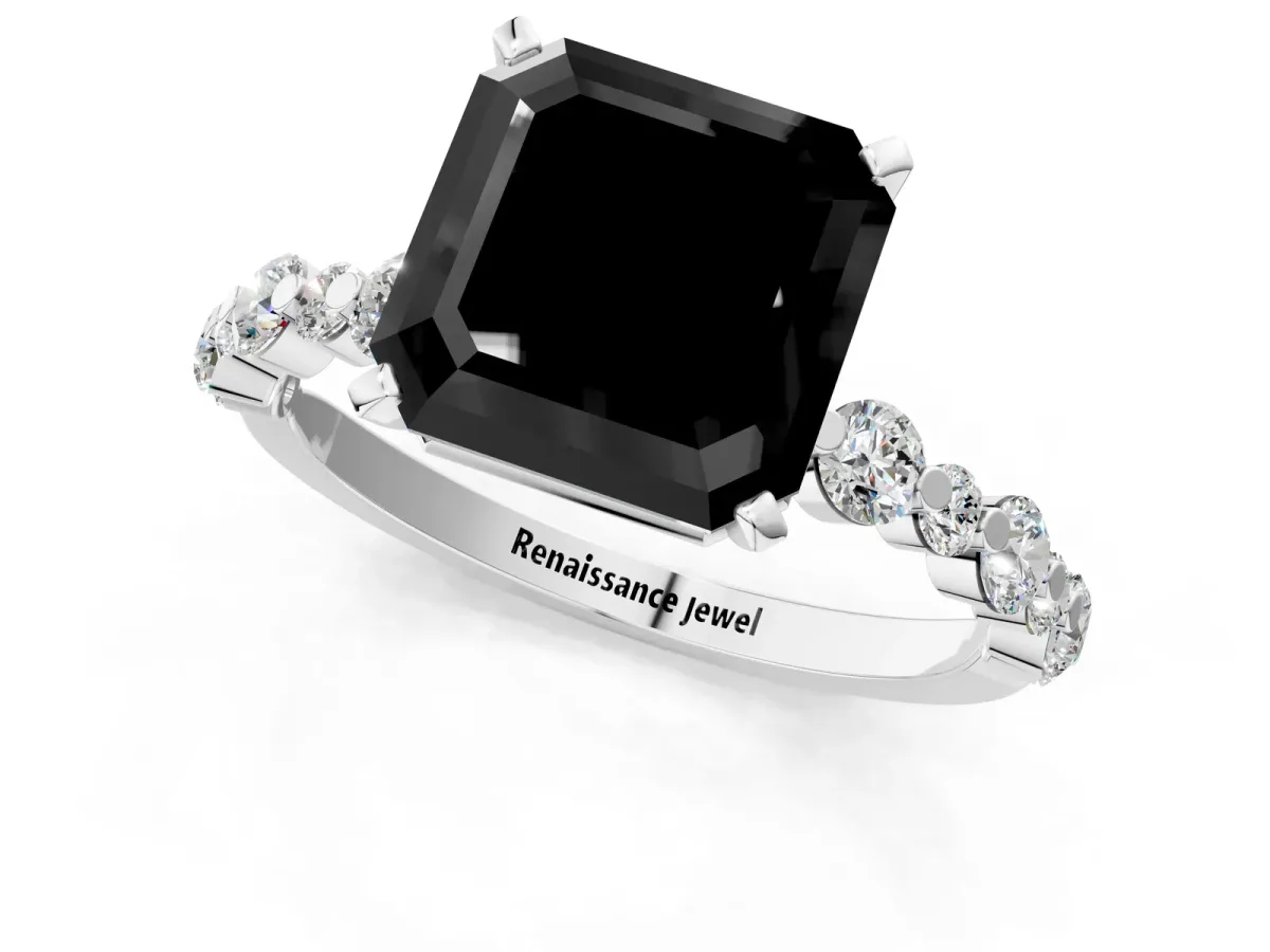 Fancy Black Asscher Cut Diamond Prong Set Engagement Ring with Pavé Band Platinum