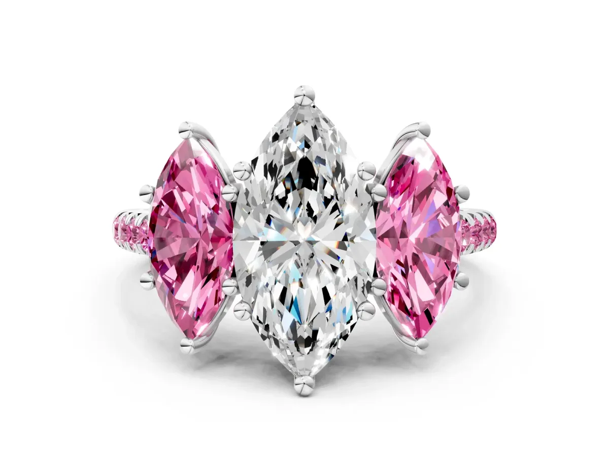 Three-Stone Marquise Cut Diamond Ring with Round Pink Sapphire Pavé Band and Prong Setting Silver
