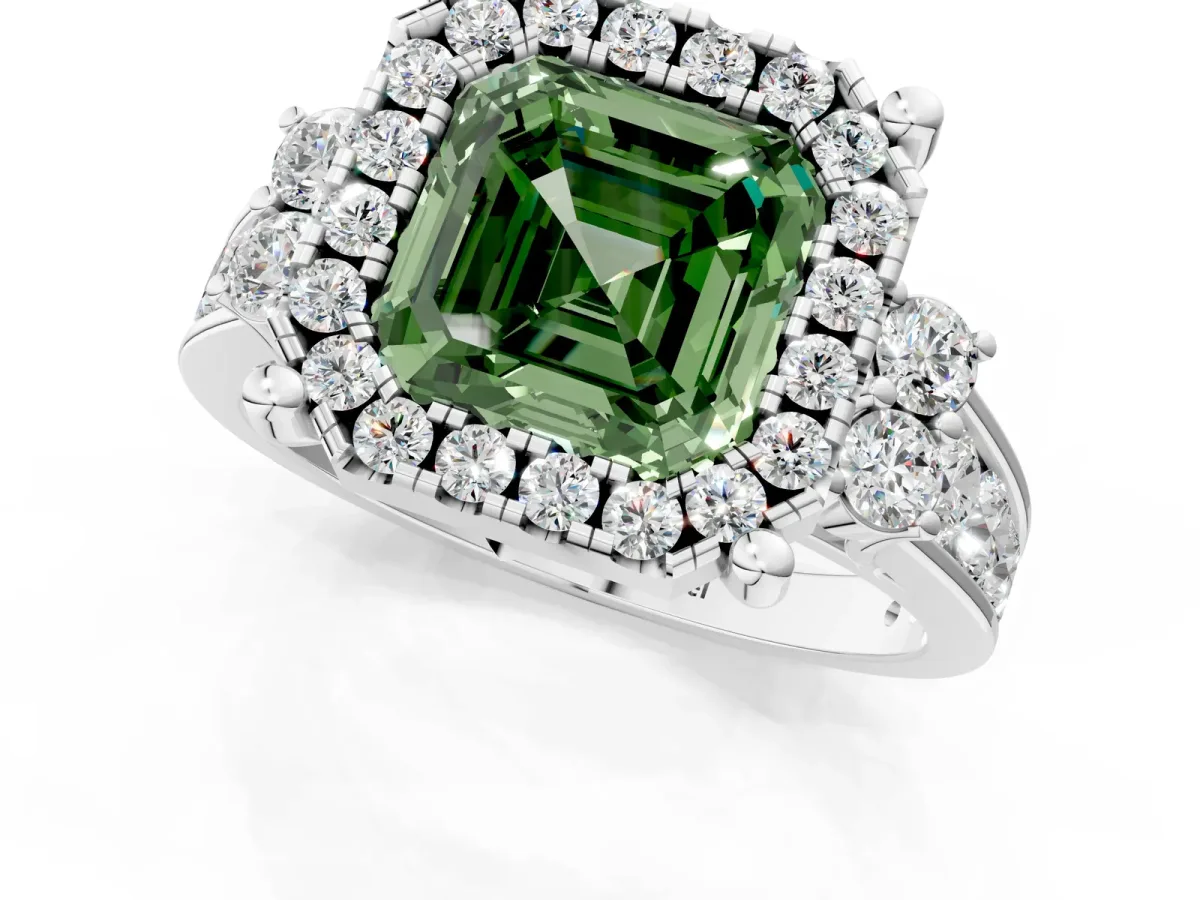 Fancy Green Asscher Cut Halo Diamond Engagement Ring with Split Shank and Four-Prong Setting Platinum