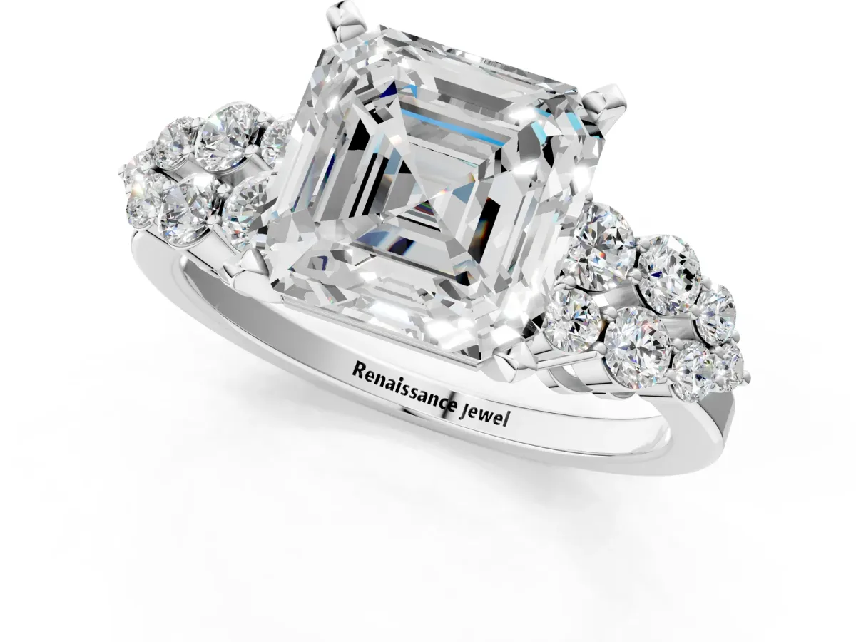 Asscher Cut Cluster Diamond Engagement Ring with Pavé Band and Four-Prong Setting Platinum