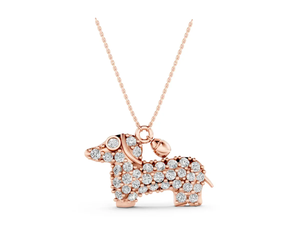 Pavé Round Diamond Prong-Set Dachshund Pendant Rose gold