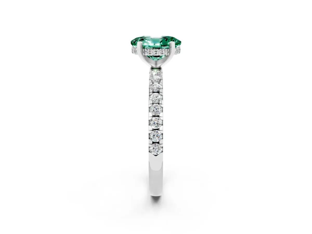 Oval Cut Green Sapphire Solitaire Ring with Round Pavé Band and Four-Prong Setting Silver