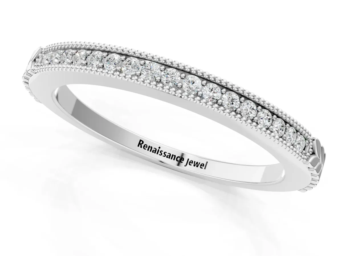 Round Cut Diamond Pavé Set Milgrain Edge Eternity Band Silver