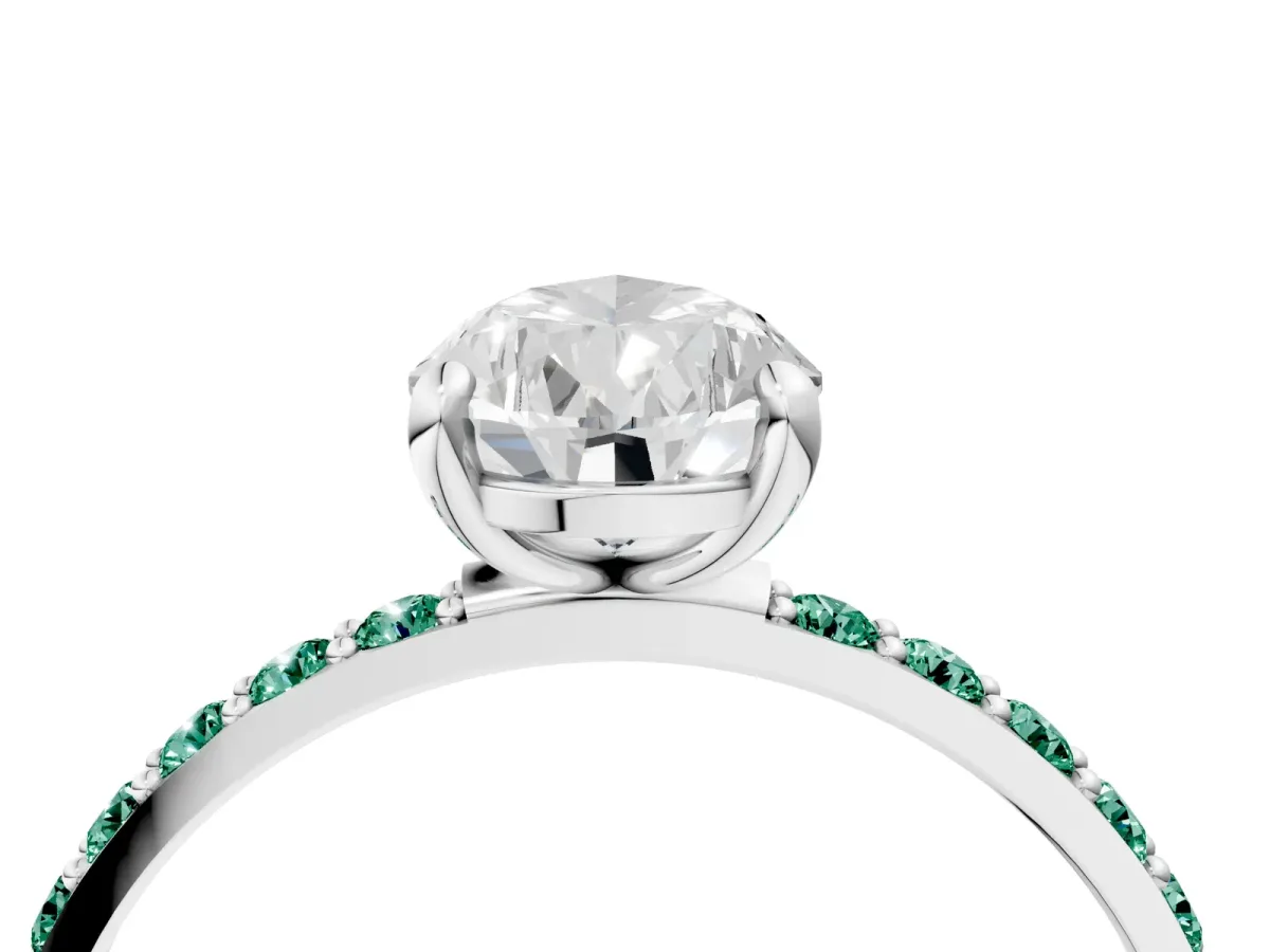 Pear Cut Diamond Solitaire Ring with Round Green Sapphire Pavé Band and Prong Setting Silver
