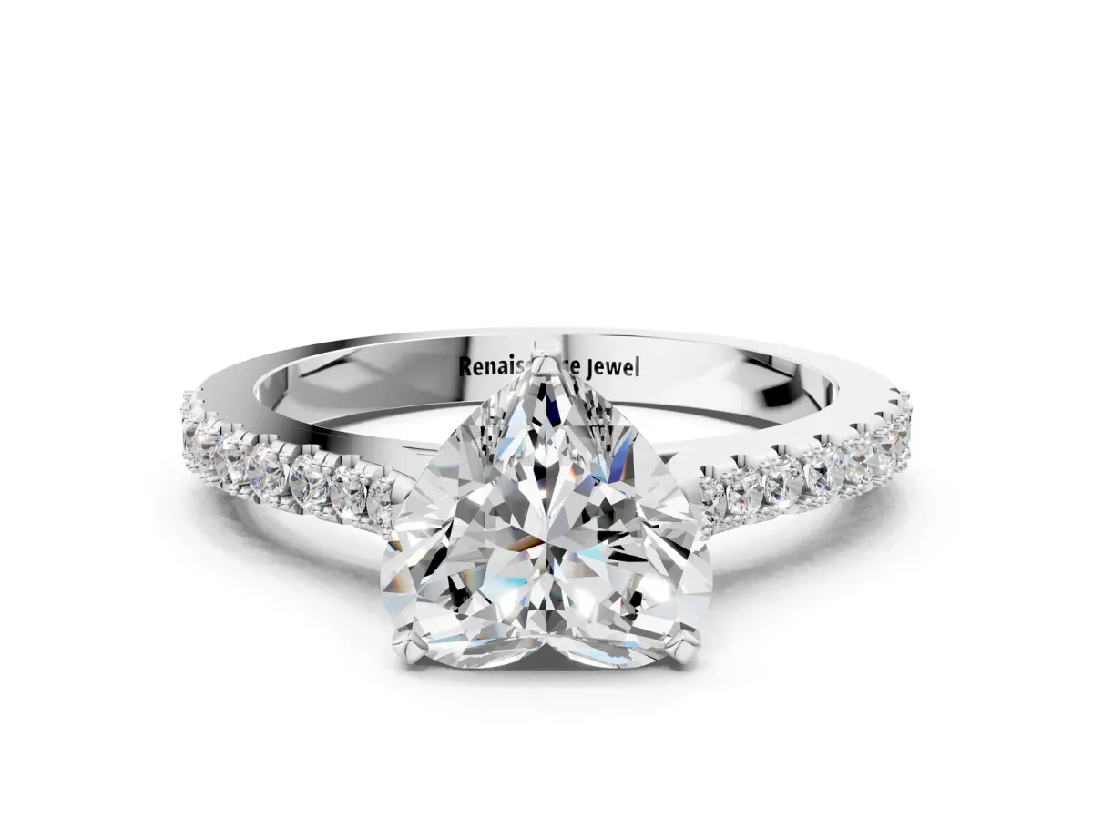 Heart Cut Cut Solitaire Diamond Engagement Ring with Pave Band and Four-Prong Setting Silver