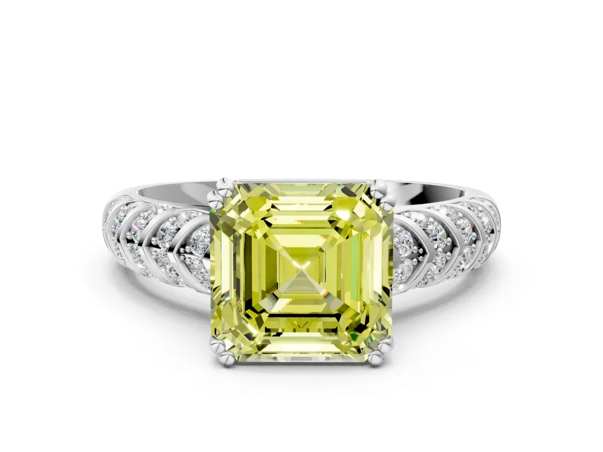Fancy Yellow Asscher Cut Solitaire Chevron Pave Diamond Engagement Ring with Six-Prong Setting Platinum