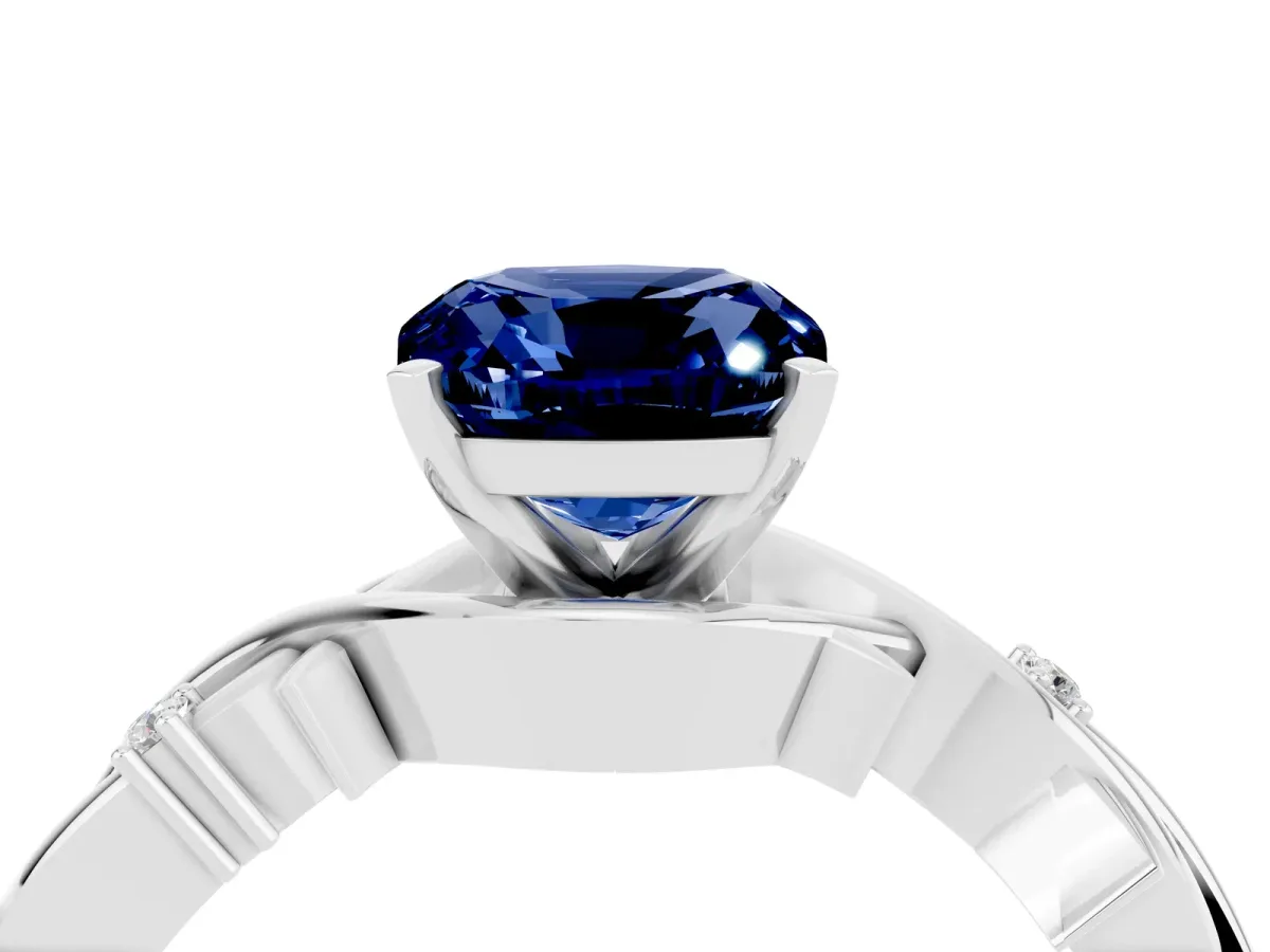 Cushion Cut Blue Sapphire Solitaire Ring with Twisted Band and Prong Setting Silver