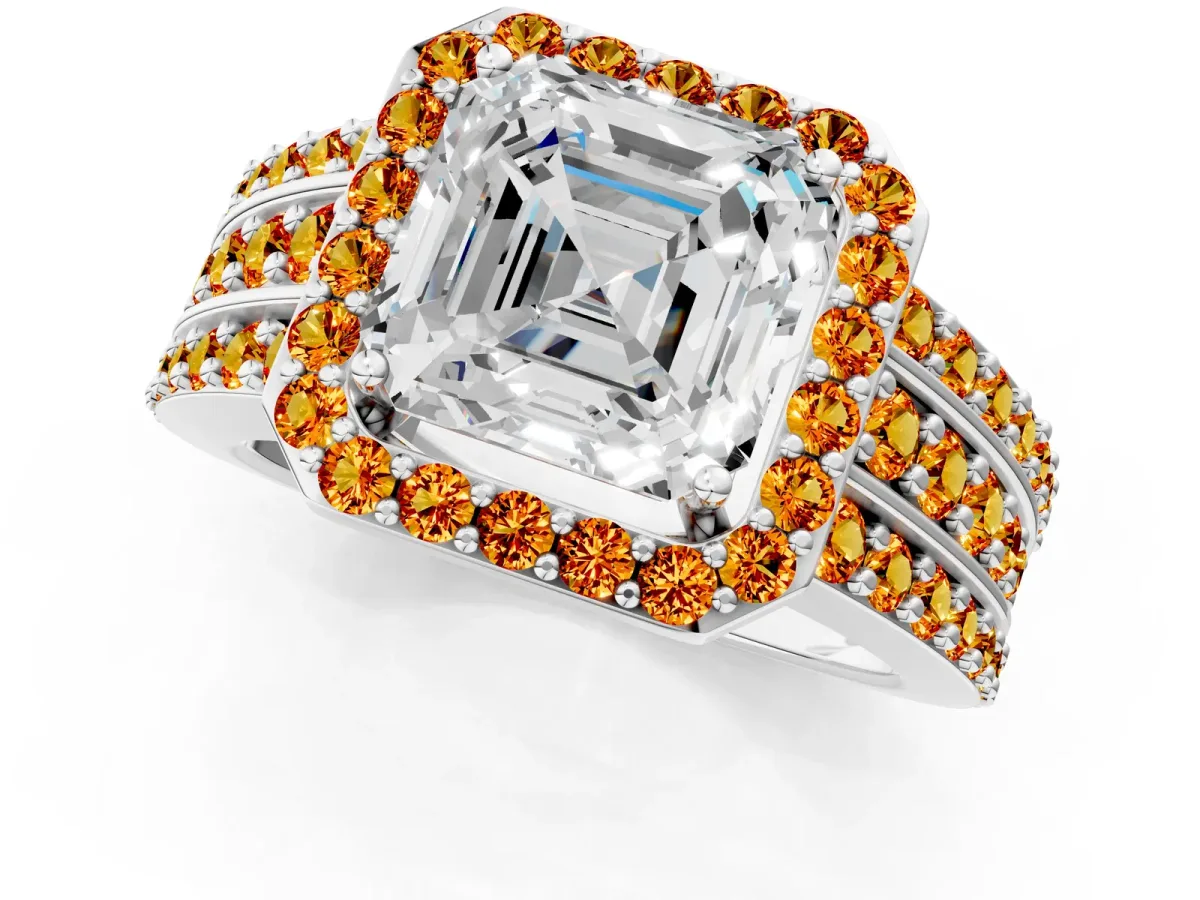 Asscher Cut Halo Diamond Ring with Round Citrine Split Shank and Prong Setting Silver