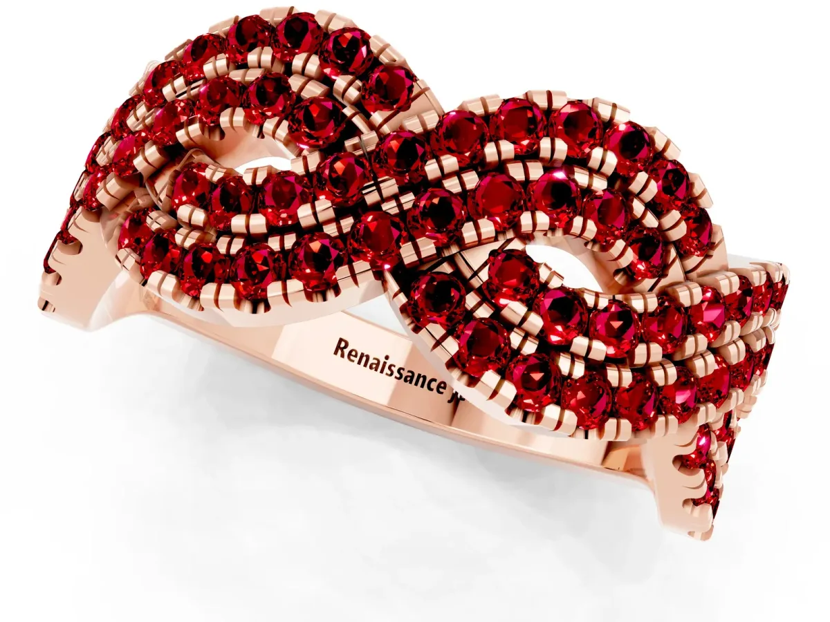 Pavé Round Ruby Infinity Twist Band with Shared Prong Setting Rose gold