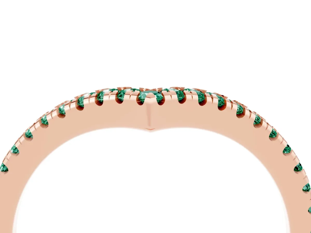 Pavé Round Green Sapphire V-Shaped Chevron Band with Shared Prong Setting Rose gold