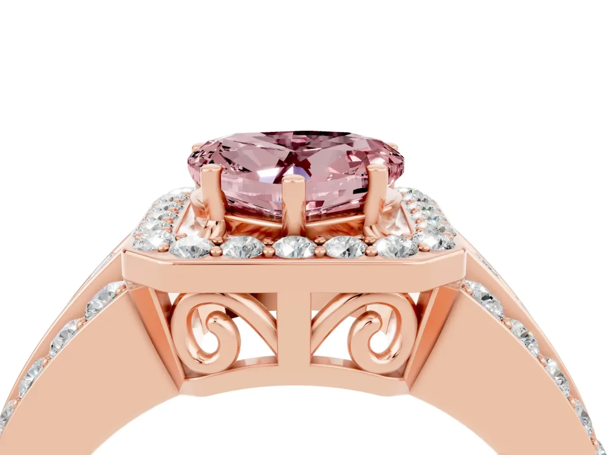 Heart Cut Halo Morganite Ring with Round Split Shank and Prong Setting Rose gold