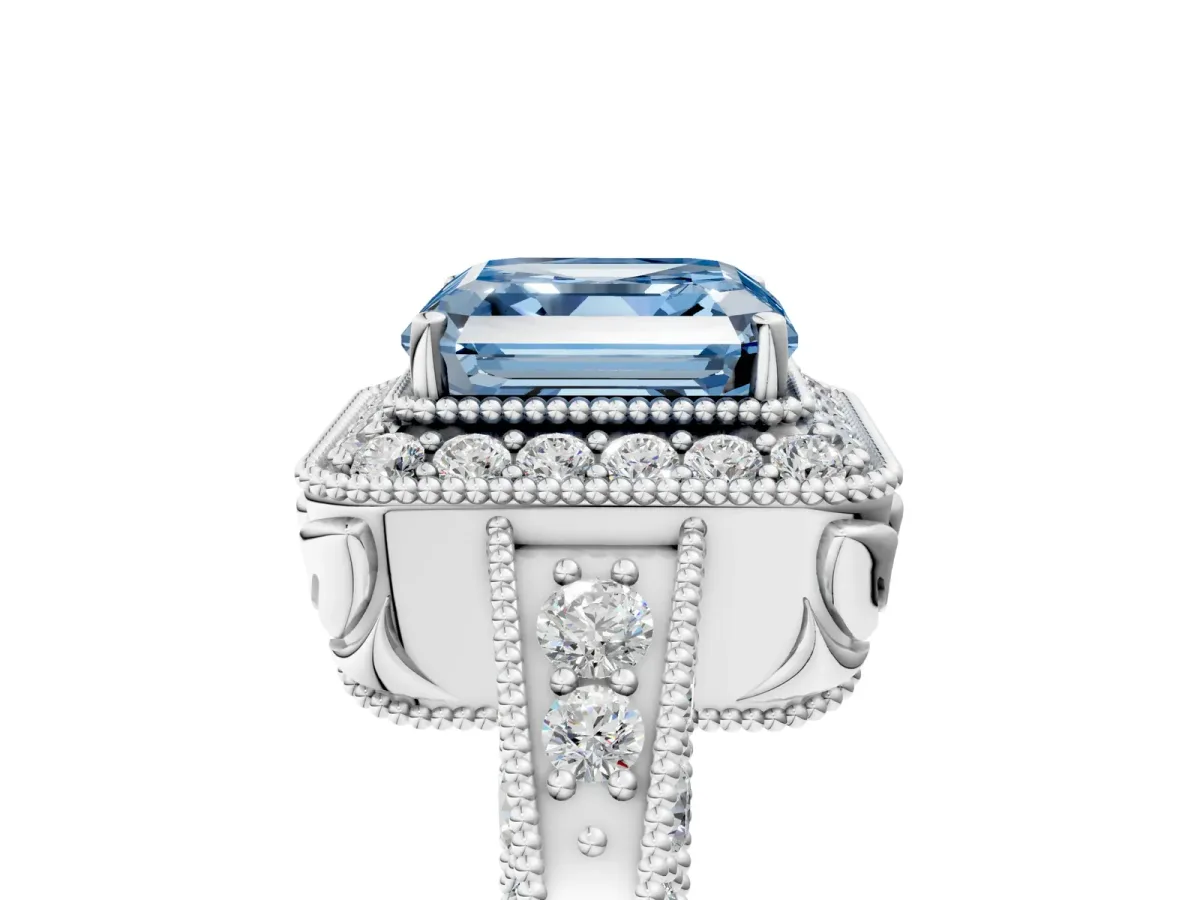Fancy Blue Asscher Cut Halo Diamond Split Shank Ring with Milgrain Detail Platinum