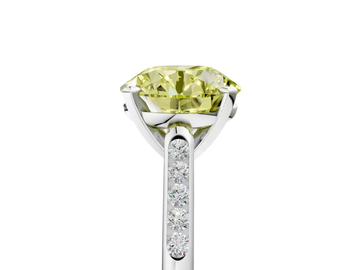 Fancy Yellow Round Cut Diamond Solitaire Ring with Channel Set Round Band and Prong Setting Silver