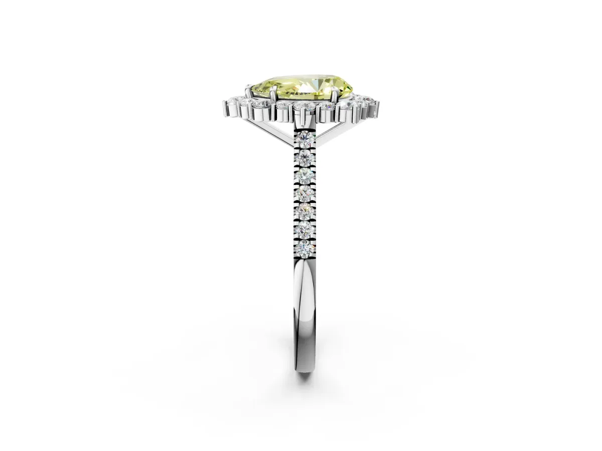 Fancy Yellow Pear Cut Halo Diamond Ring with Pavé Band and Prong Setting Silver