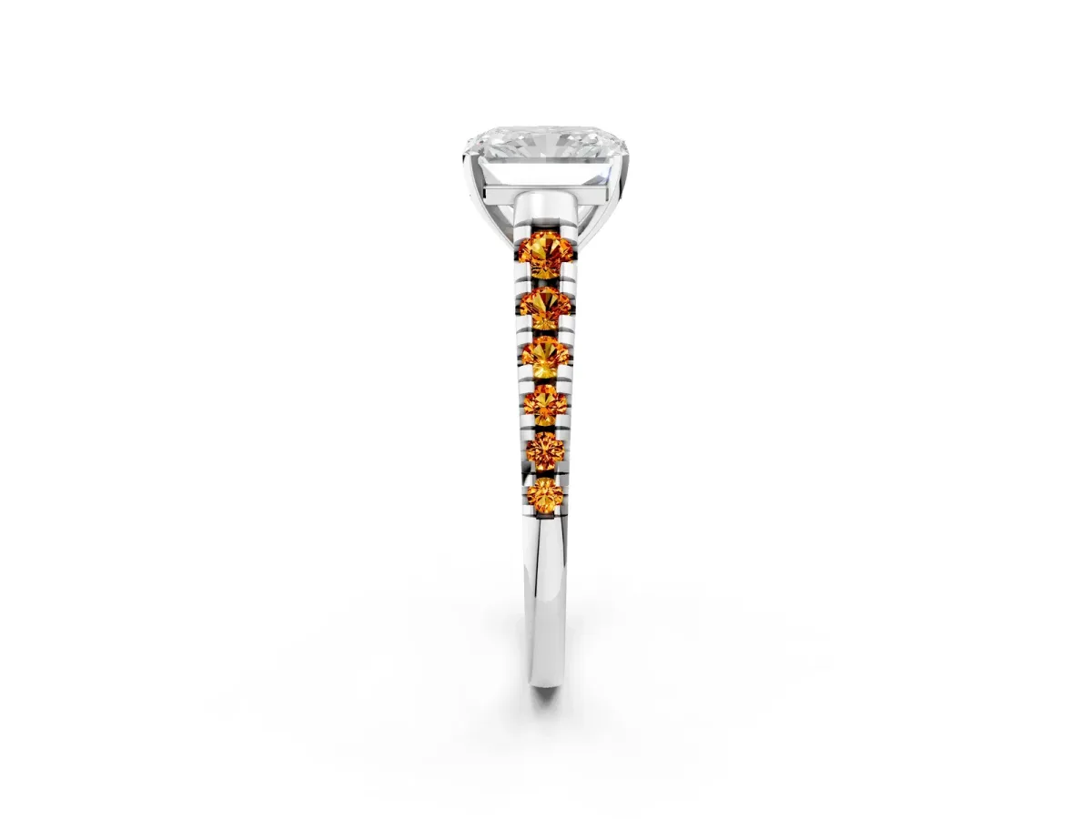 Radiant Cut Diamond Cathedral Solitaire Ring with Round Citrine Pavé Band Silver