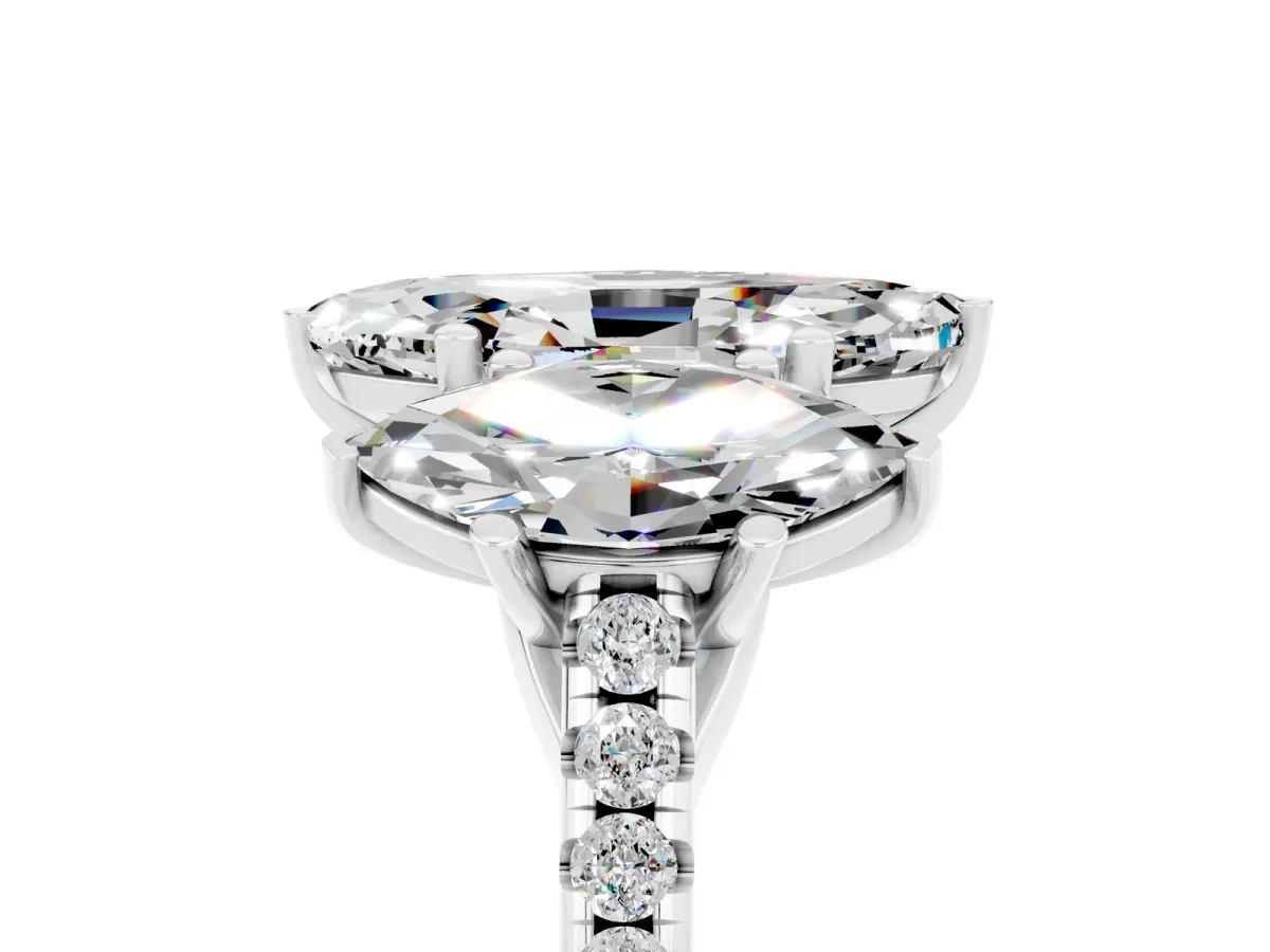 Three-Stone Marquise Cut Moissanite Ring with Round Pavé Band and Prong Setting Silver
