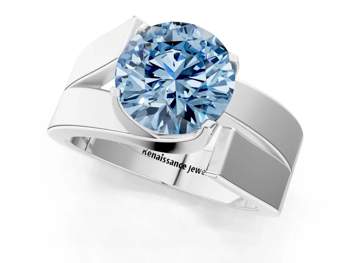 Fancy Blue Modern Tension Set Round Cut Diamond Solitaire Wide Band Ring Platinum