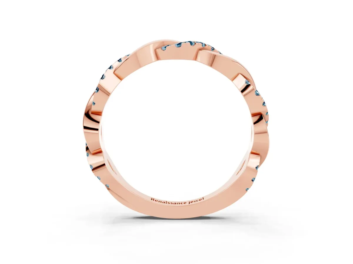 Pavé Round Aquamarine Twist Eternity Band with Shared Prong Setting Rose gold