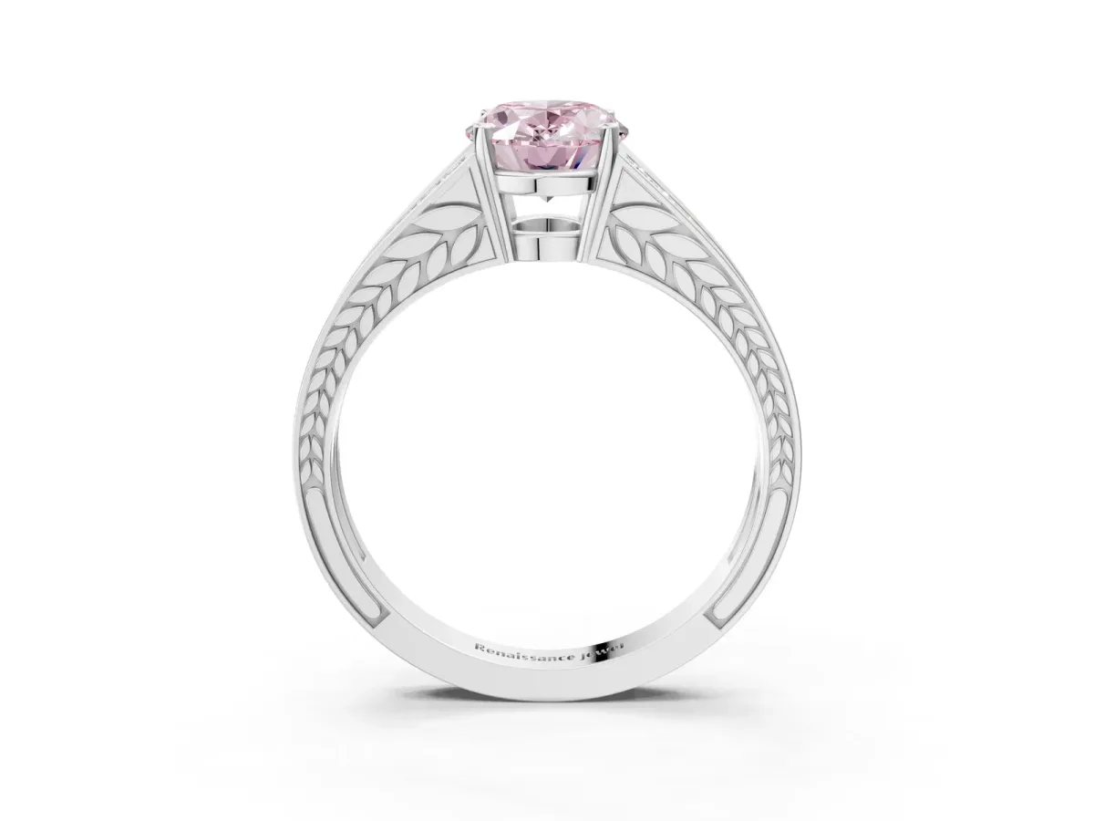 Fancy Pink Oval Cut Diamond Split Shank Ring with Pavé Band and Four-Prong Setting White gold