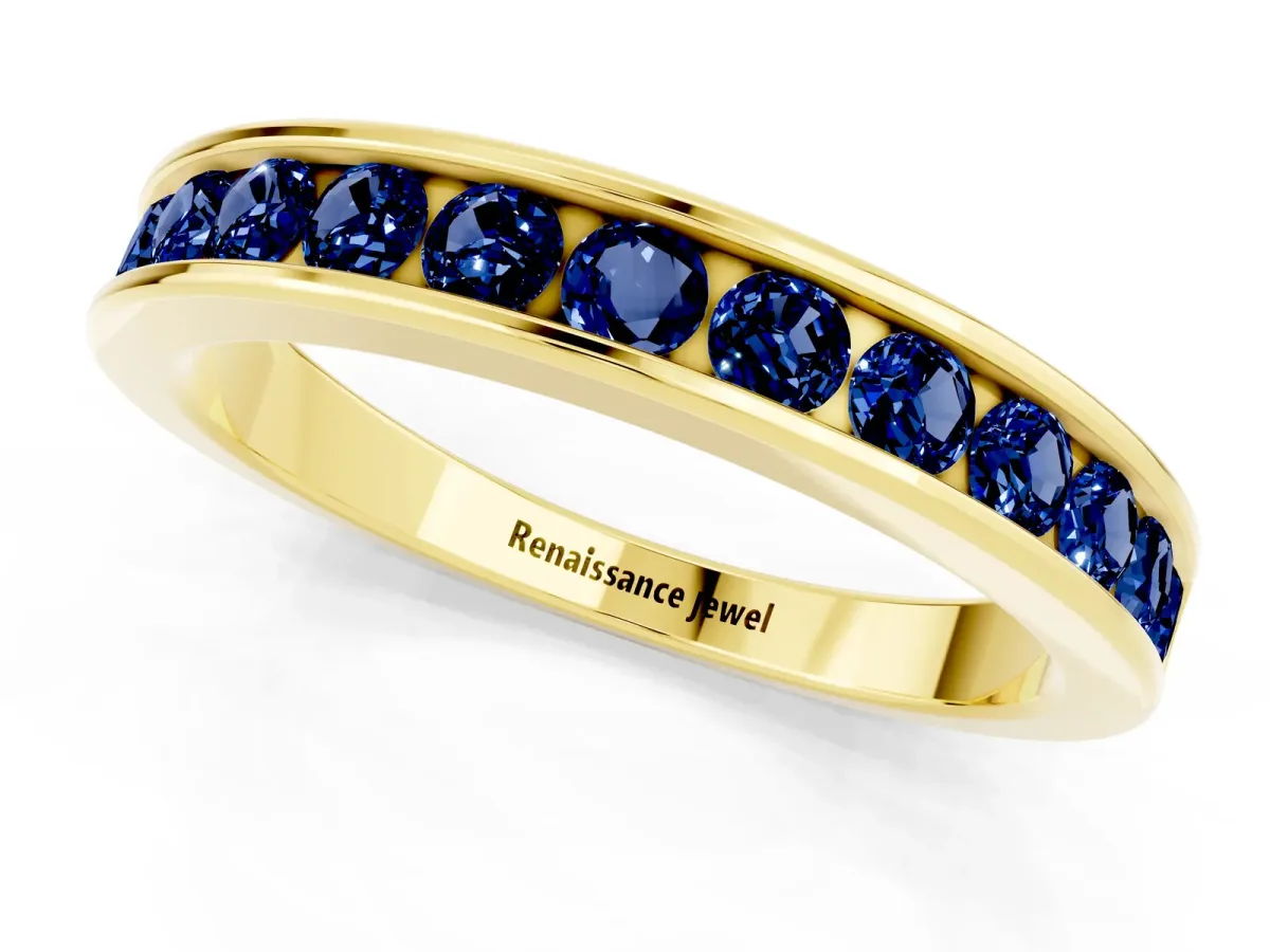 Channel Set Round Blue Sapphire Eternity Band Yellow gold