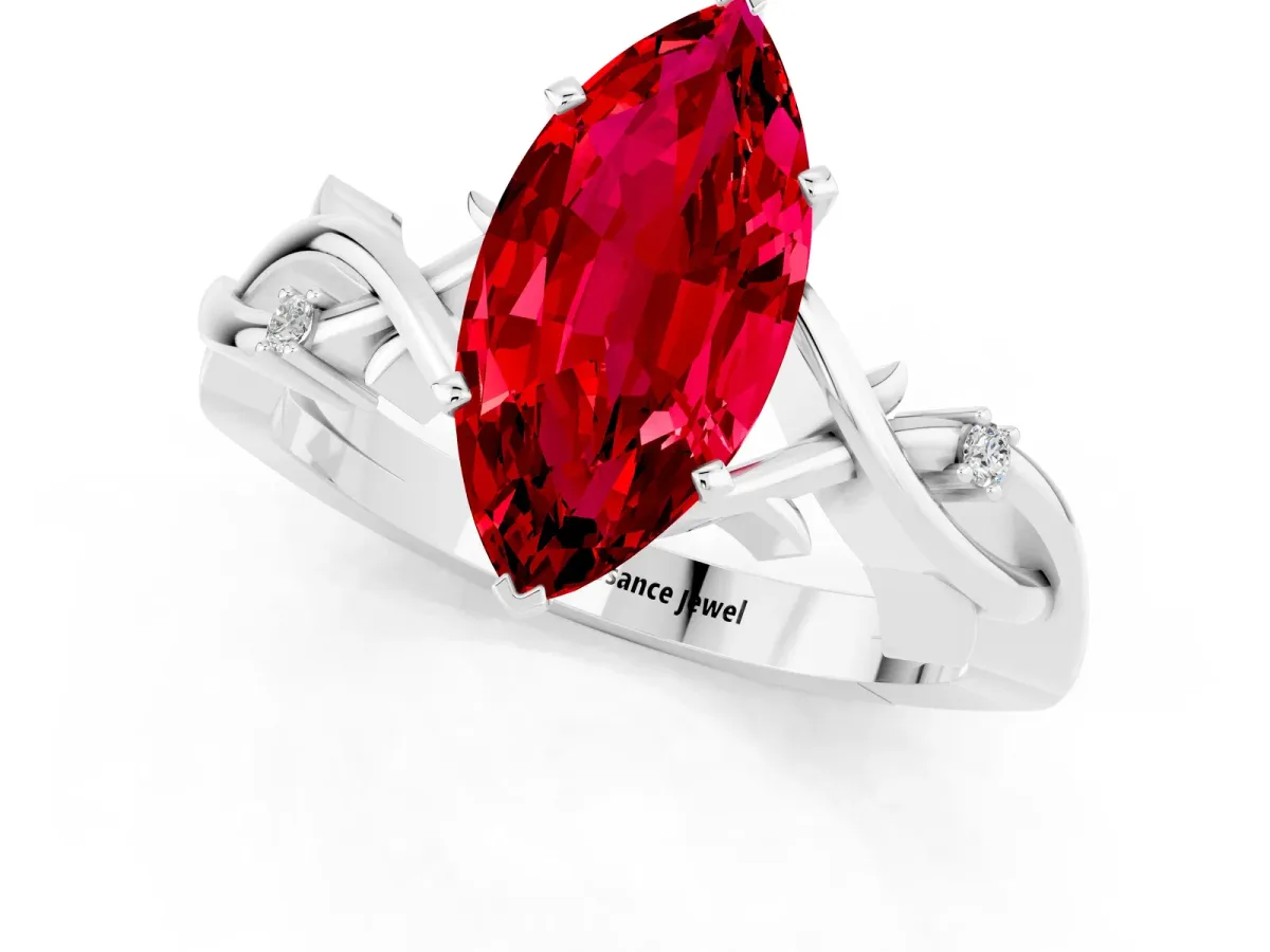 Marquise Cut Ruby Solitaire Ring with Twisted Band and Prong Setting Silver