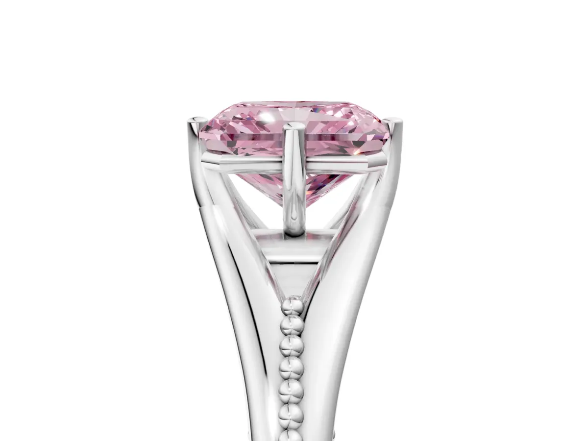 Fancy Pink Radiant Cut Solitaire Beaded Band Six-Prong Setting Platinum