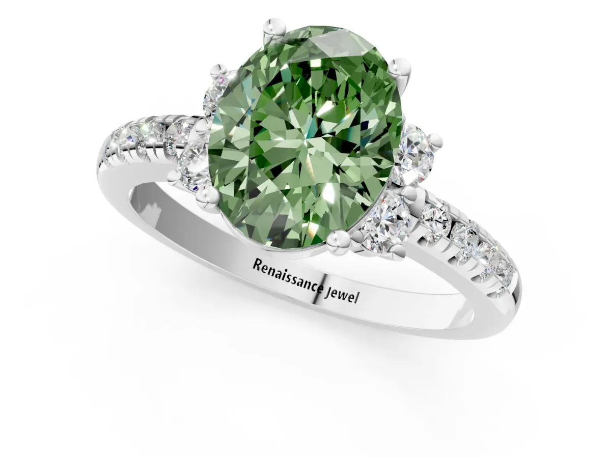 Fancy Green Oval Cut Diamond Three-Stone Pave Band with Four-Prong Setting Silver