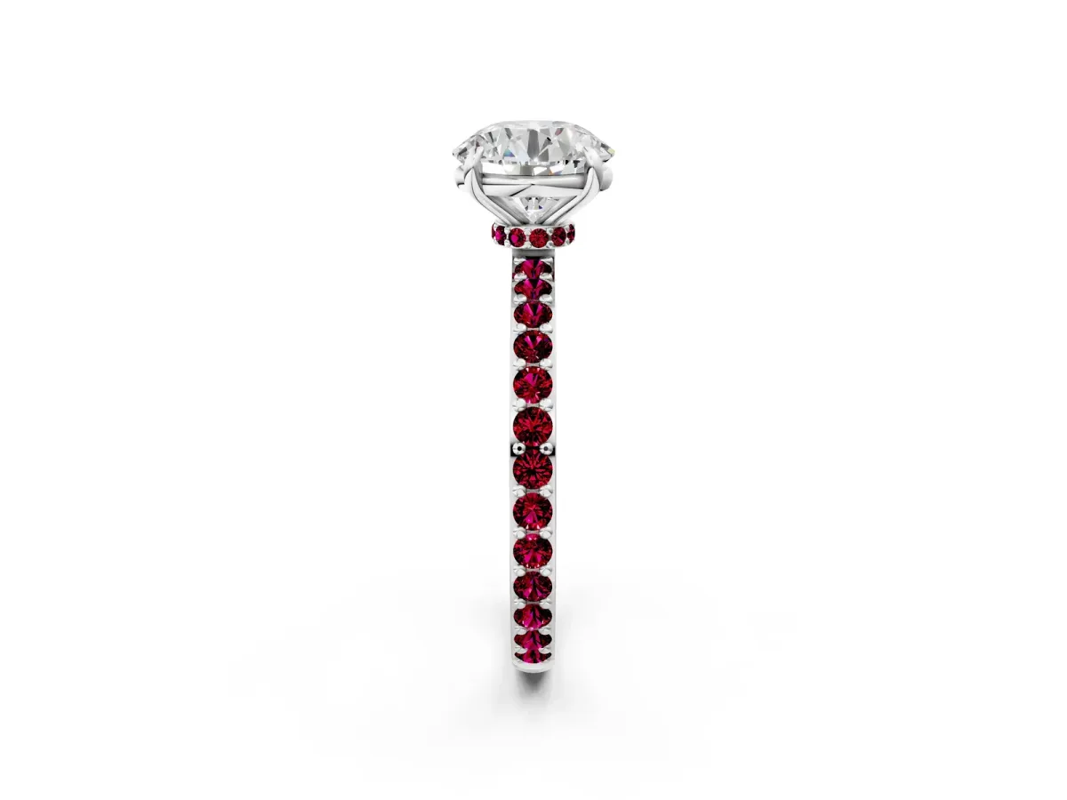Round Cut Diamond Pavé Engagement Ring with Round Garnet Accents and Prong Setting Silver