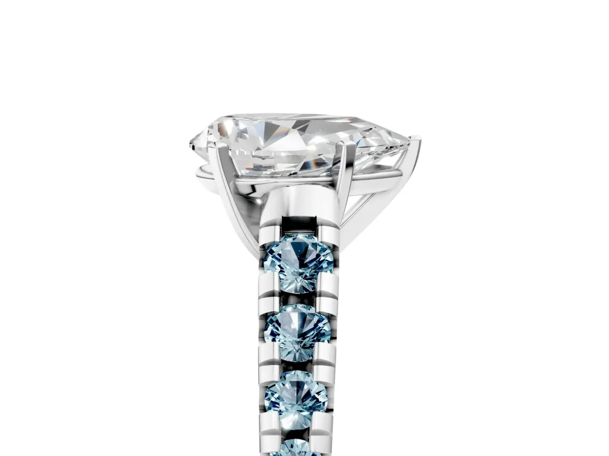 Pear Cut Diamond Cathedral Solitaire Ring with Round Aquamarine Pavé Band Silver