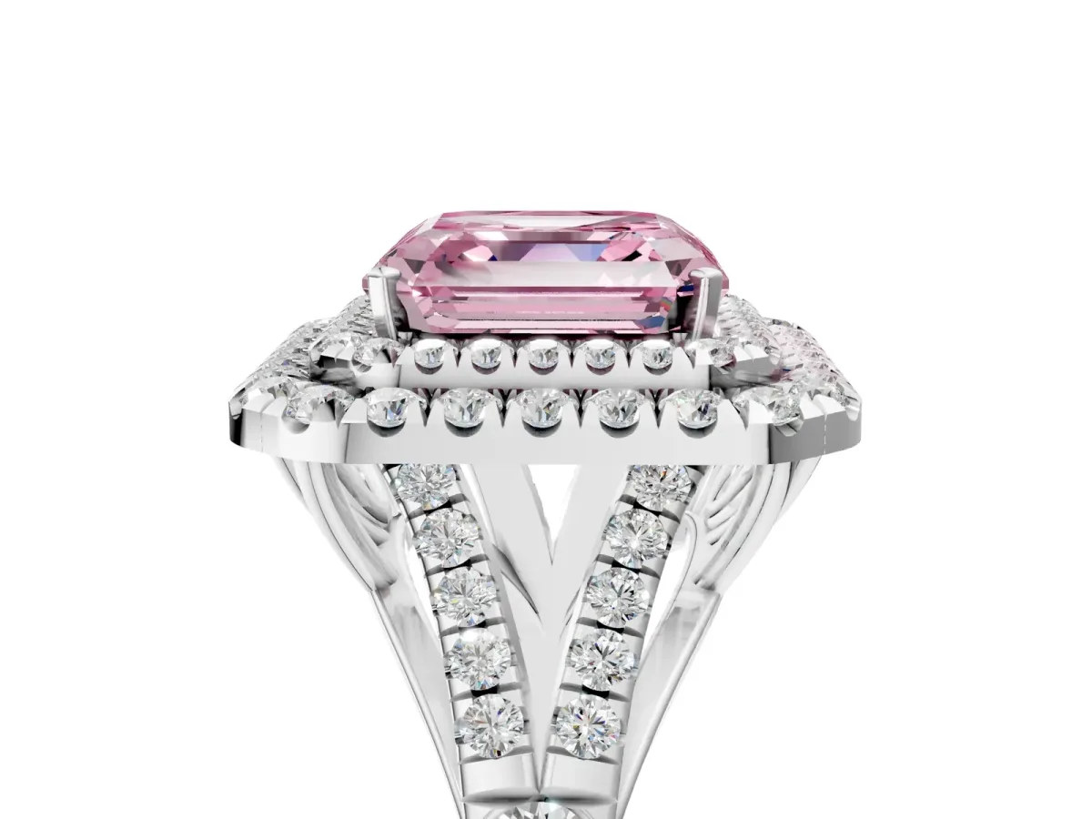Fancy Pink Asscher Cut Cut Double Halo Split Shank Diamond Ring with Prong Setting Platinum