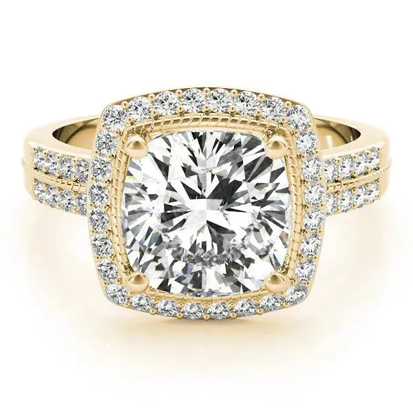Cushion Cut Diamond Double Halo Ring with Split Shank and Four-Prong Setting Yellow gold