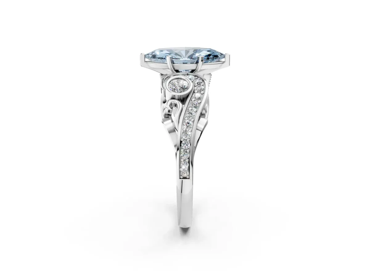 Fancy Blue Marquise Cut Diamond Solitaire Ring with Milgrain Pavé Band and Four-Prong Setting Silver
