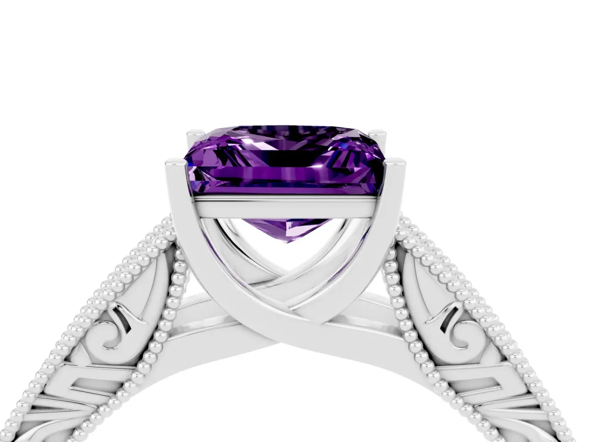Princess Cut Amethyst Solitaire Ring with Engraved Band and Four-Prong Setting White gold