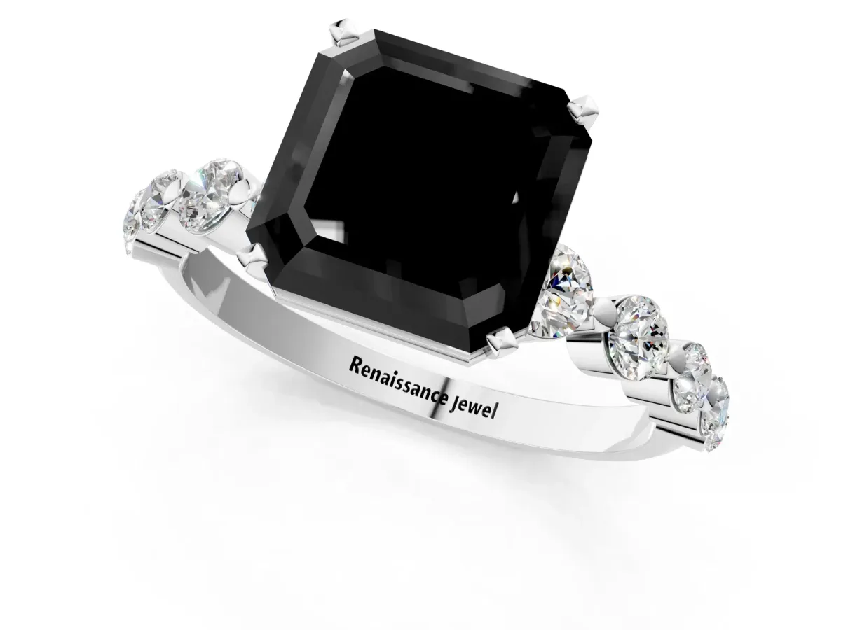 Fancy Black Asscher Cut Solitaire Diamond Ring with Pave Band and Four-Prong Setting Silver