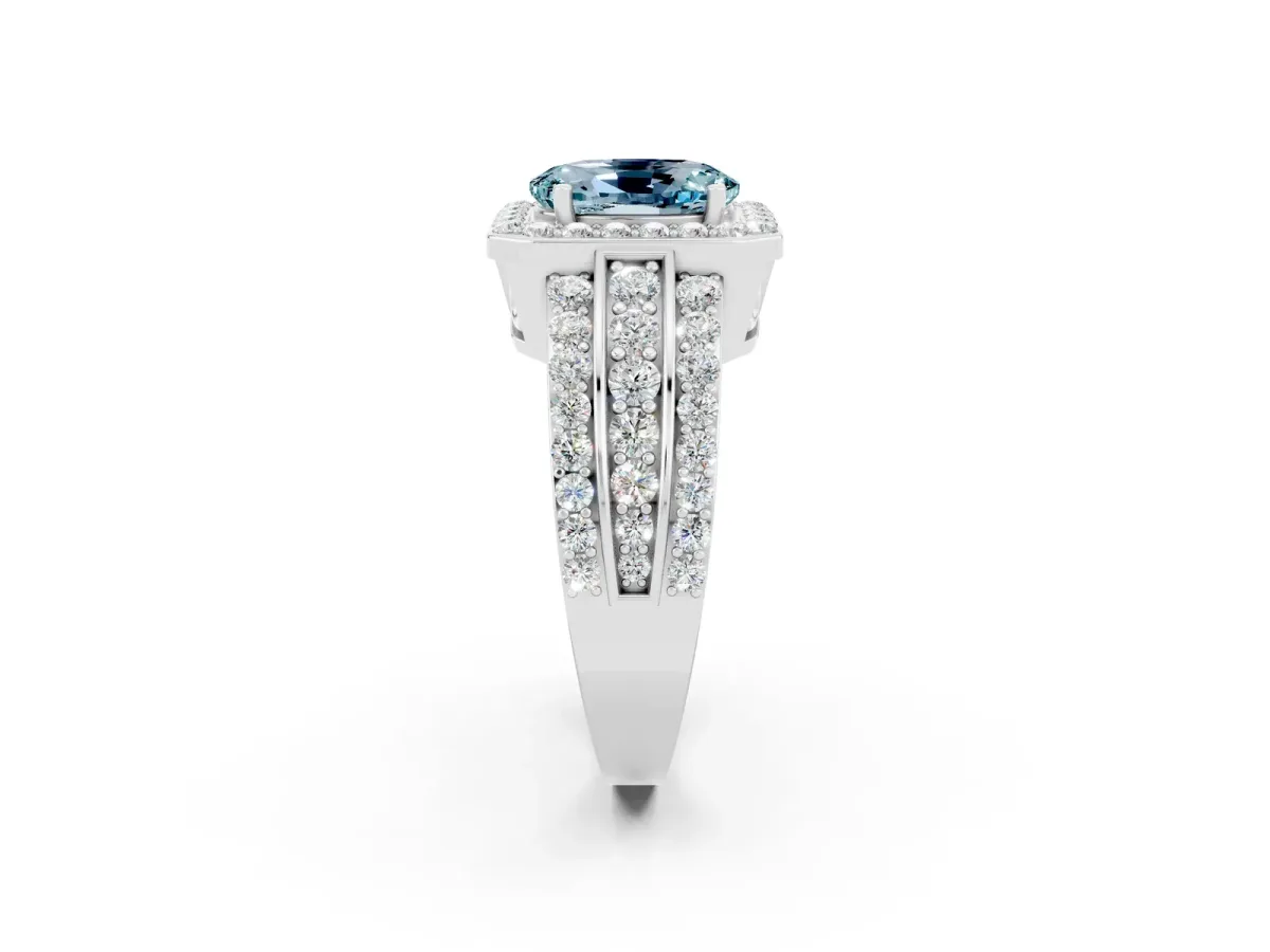 Oval Cut Halo Aquamarine Ring with Round Split Shank and Prong Setting Platinum