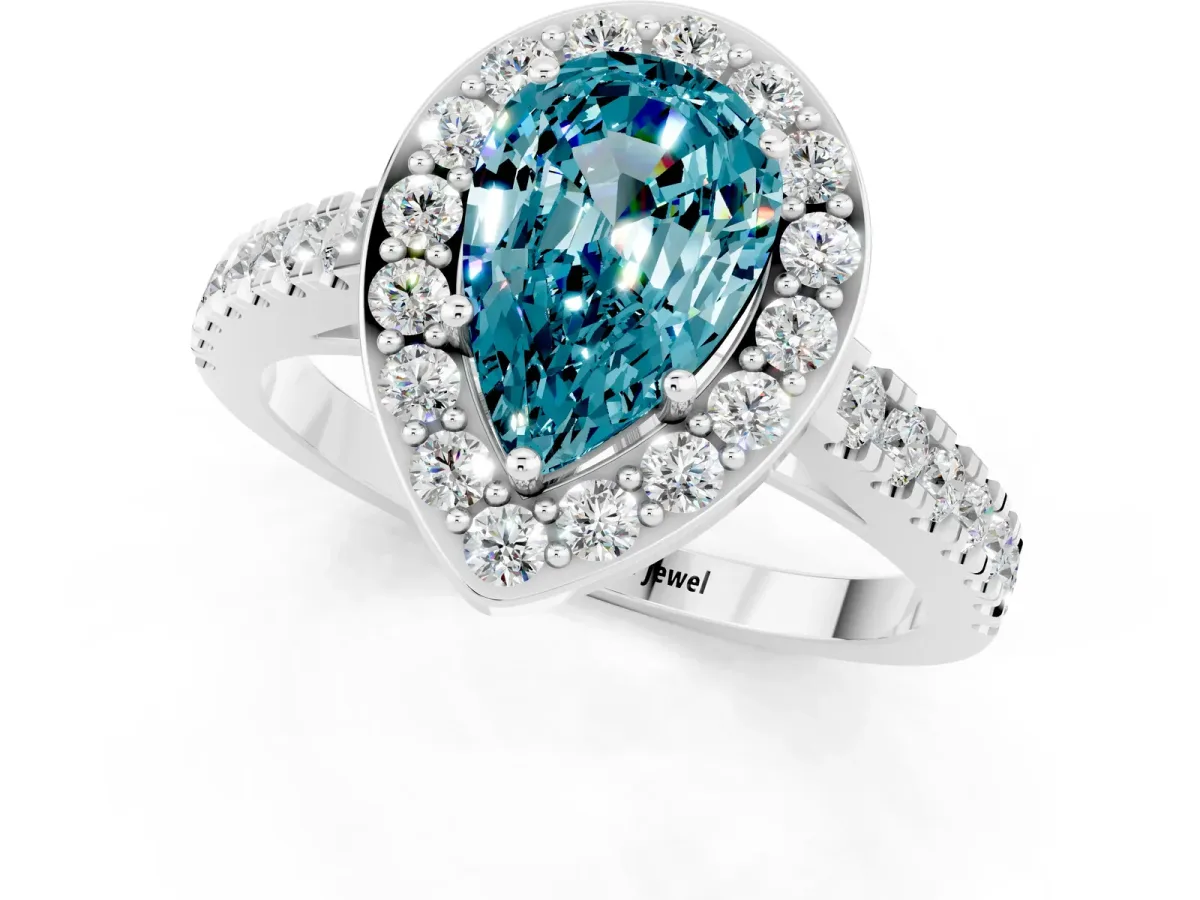 Pear Cut Blue Topaz Halo Ring with Round Pavé Split Shank and Prong Setting Platinum