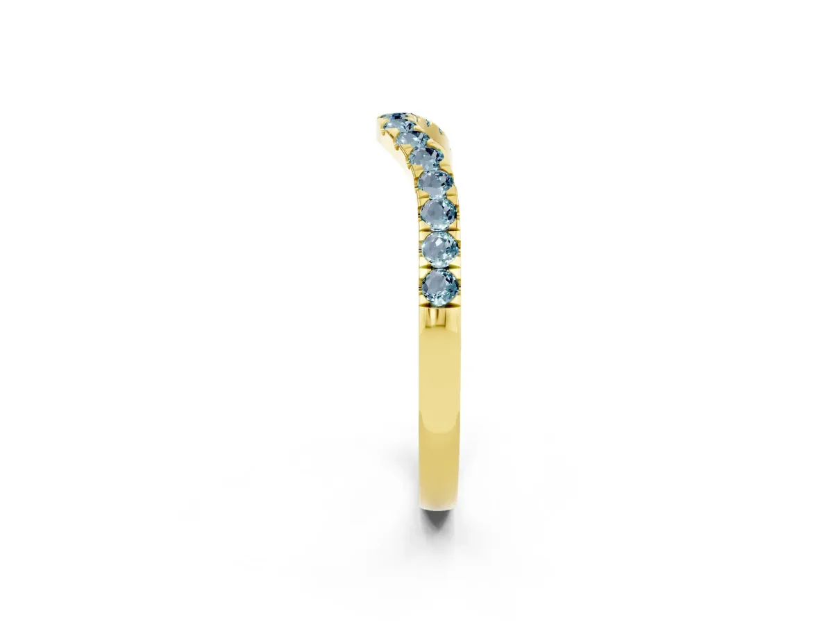 Curved Pavé Round Aquamarine Wedding Band with Shared Prong Setting Yellow gold