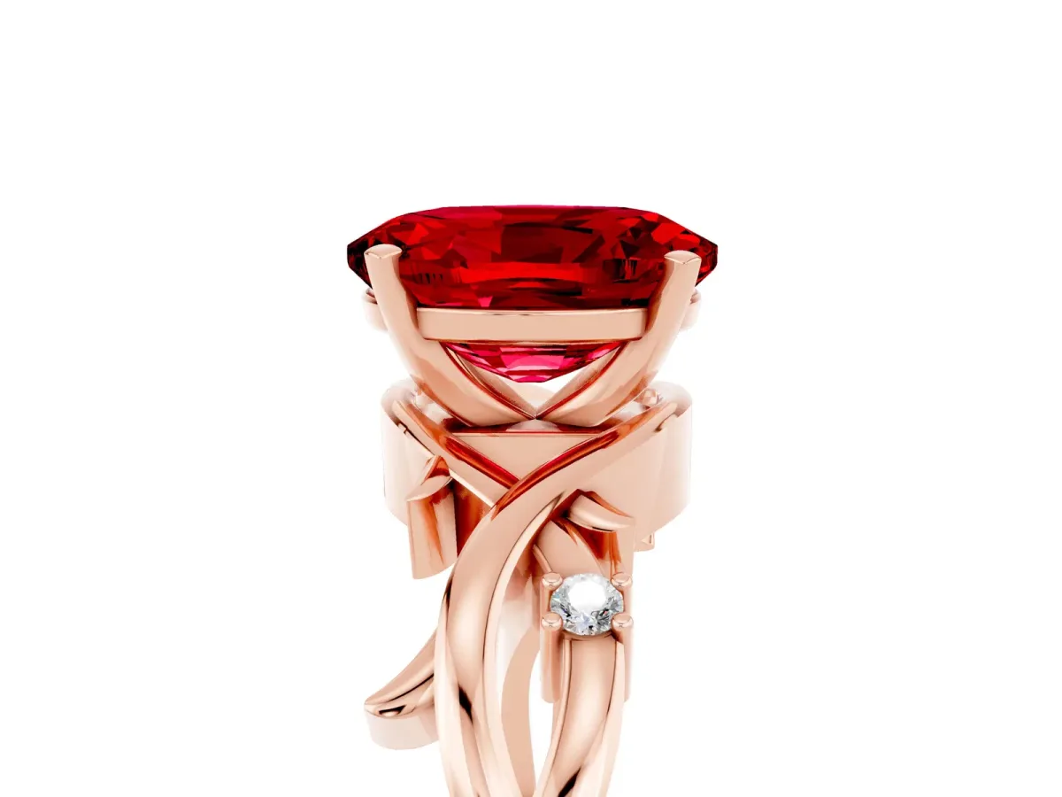 Oval Cut Ruby Solitaire Ring with Twisted Band and Prong Setting Rose gold