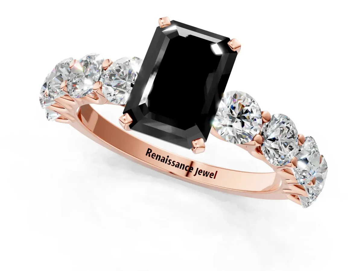 Fancy Black Emerald Cut Diamond Prong Setting with Side Stones on a Pave Band Rose gold