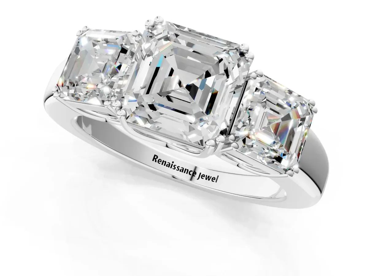 Three-Stone Asscher Cut Cut Diamond Ring with Channel Set Band and Four-Prong Setting White gold