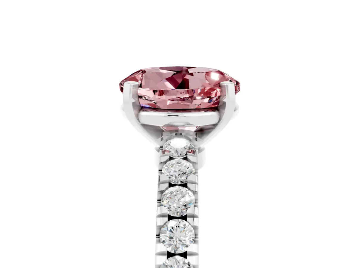 Round Cut Solitaire Morganite with Pavé Band and Four-Prong Setting Silver