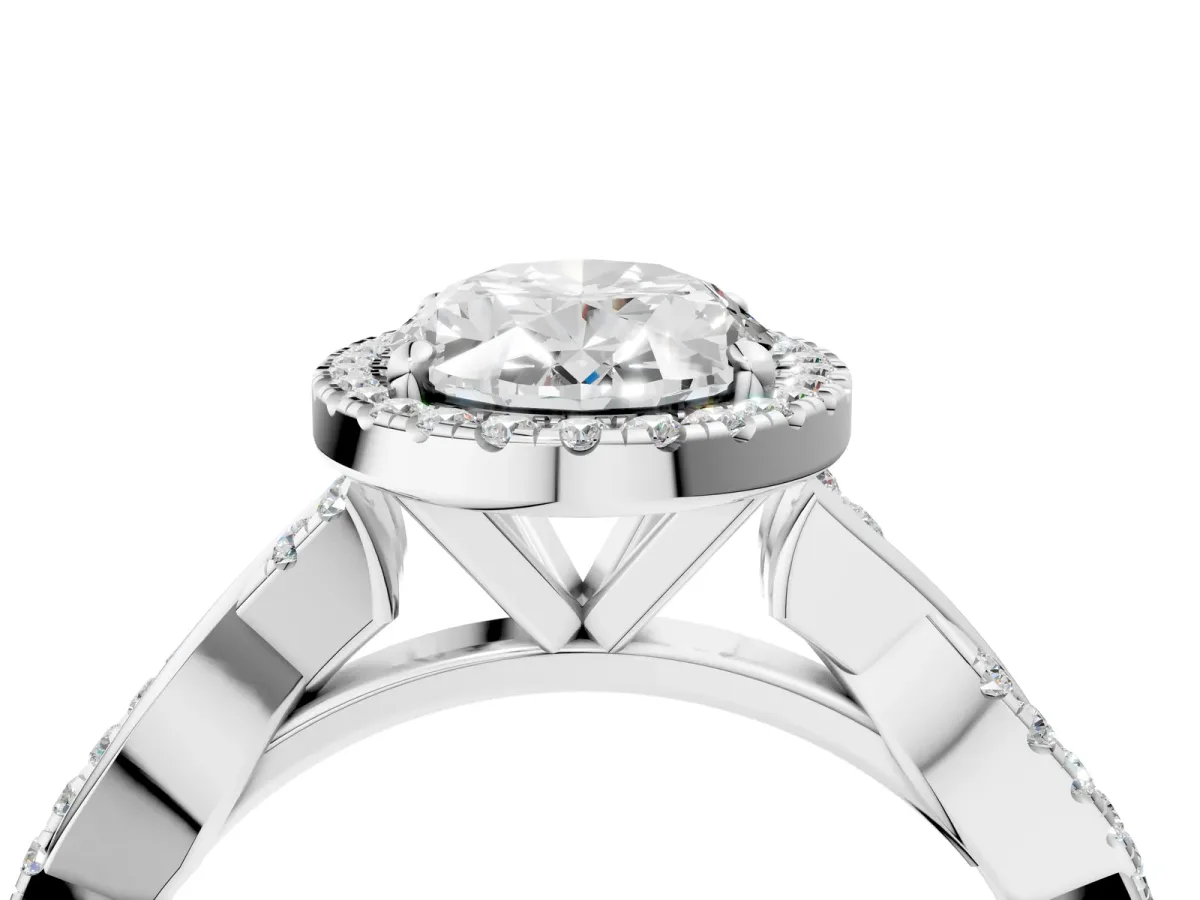 Oval Cut Cut Halo Twisted Band Four-Prong Ring White gold