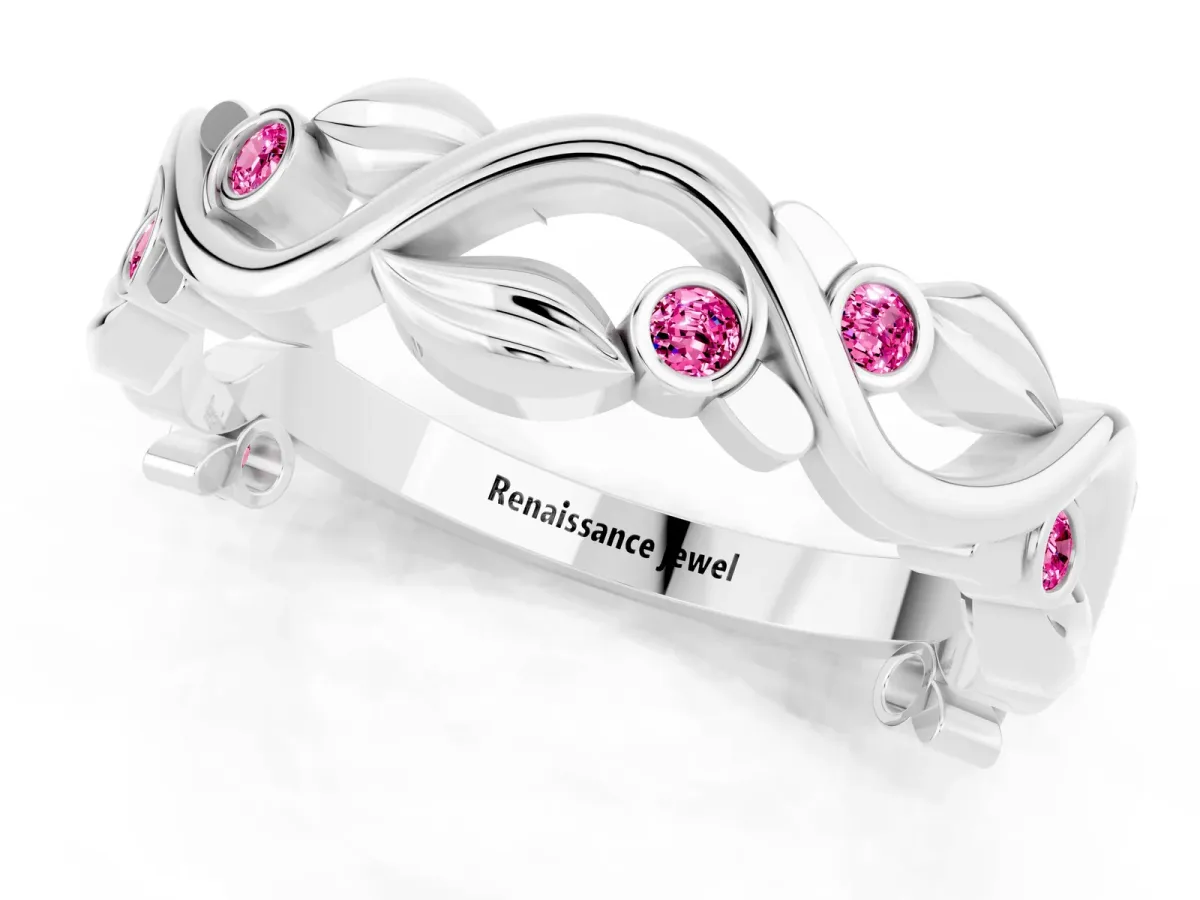 Round Pink Sapphire Leaf Eternity Band with Bezel Setting White gold